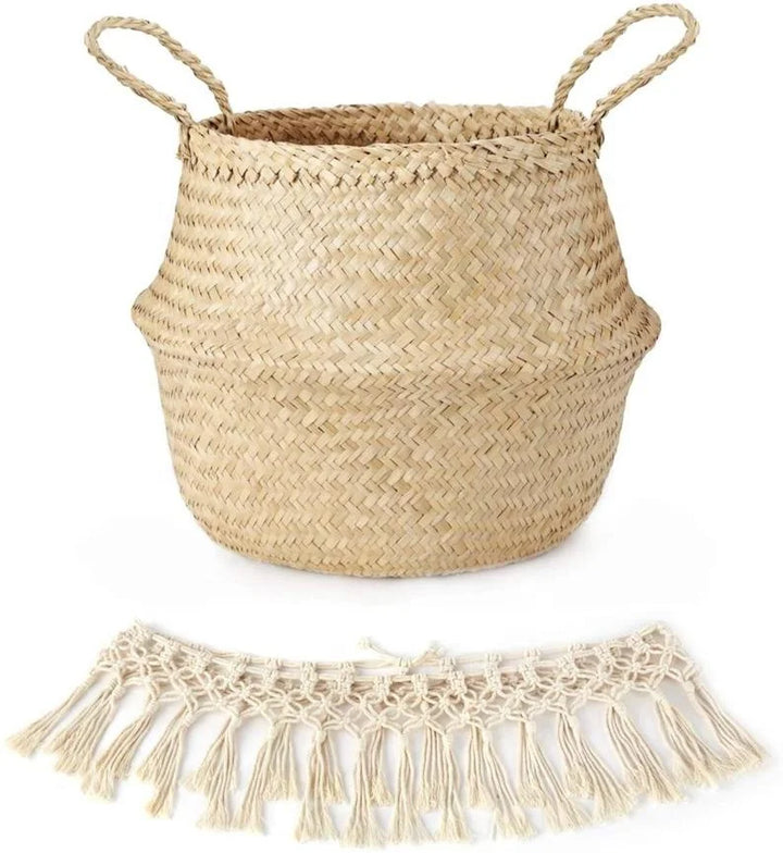 Boho Fringe Seagrass Storage Basket – Woven Planter & Home Organizer with Handles