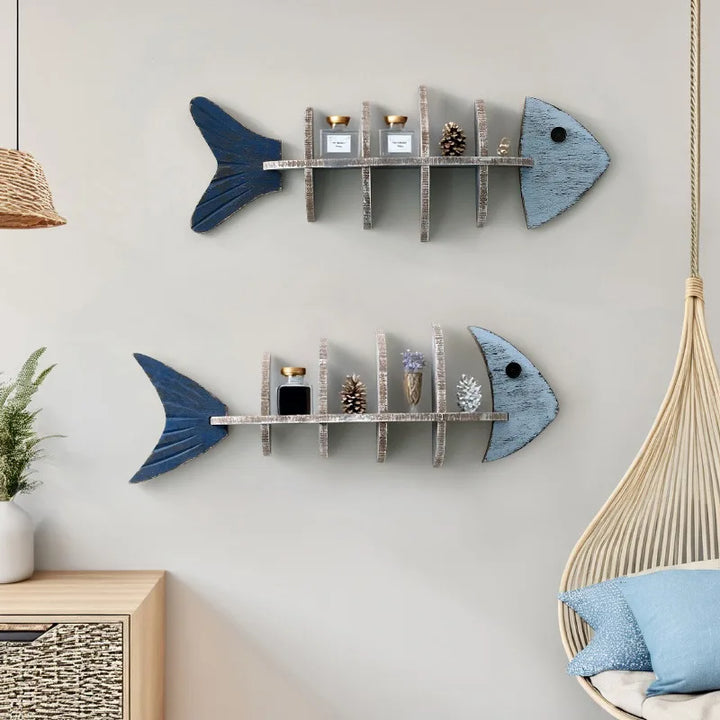 Coastal Fishbone Wooden Wall Shelf – Nautical Display Rack with Compartments
