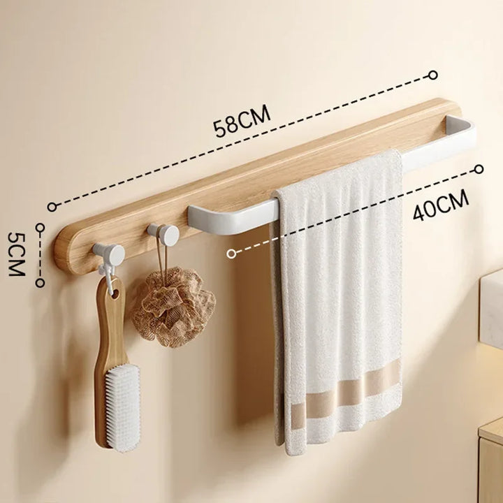 Leno Wooden Towel Rail with Hooks – Modern Utility Bathroom Bar