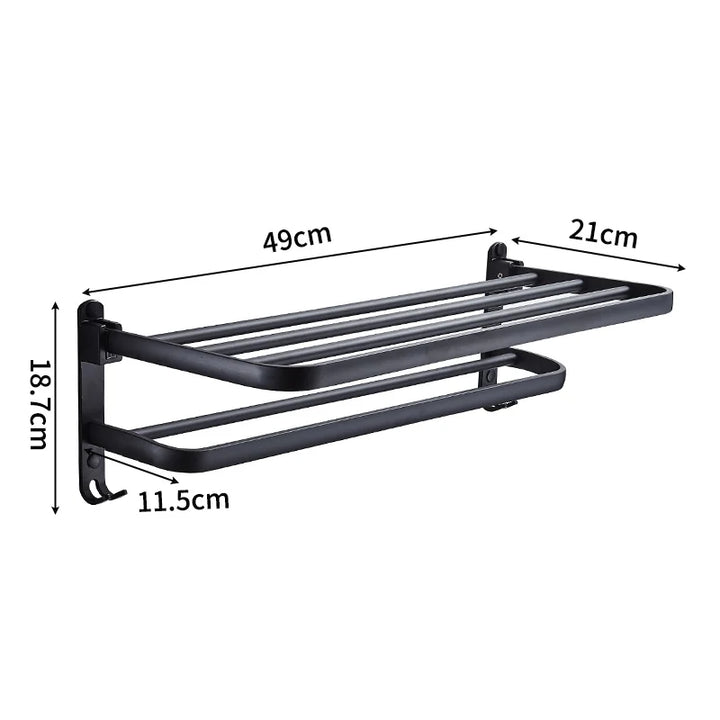 Linea Matte Black Aluminum Towel Rack with Shelf & Hooks