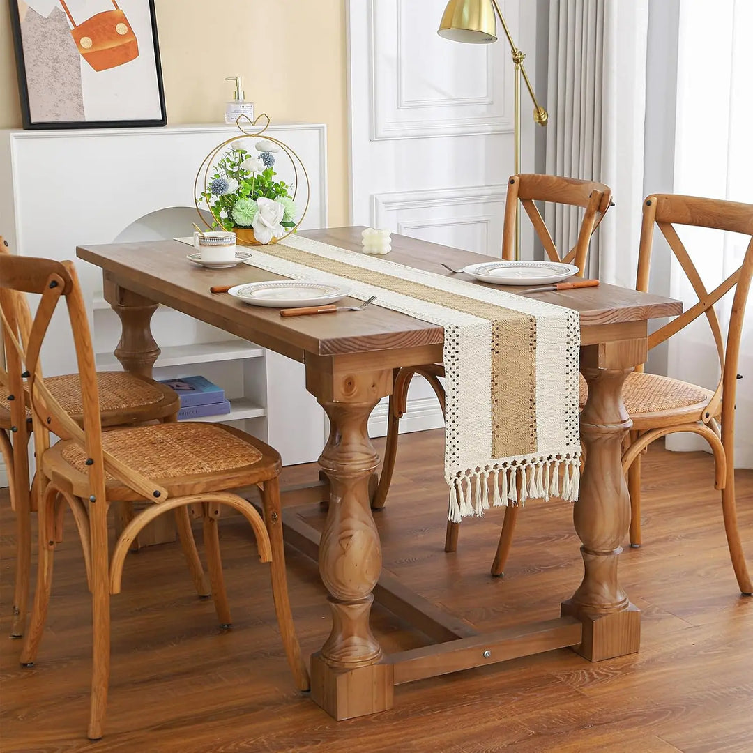 Harvest Stripe Runner – Boho Linen Table Runner with Tassels