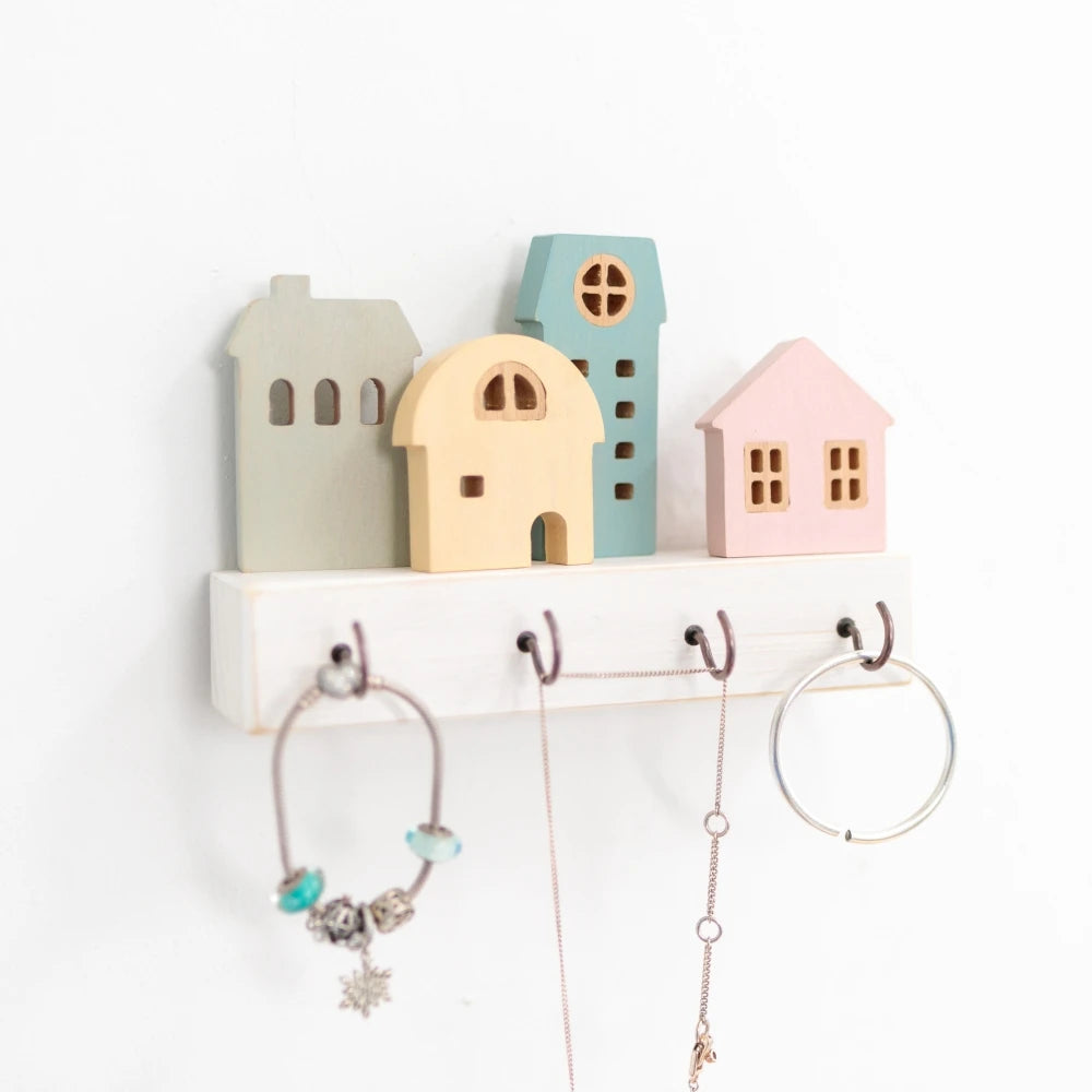 Home Village Wooden Key Holder – Decorative Wall Organizer with Shelves & Hooks