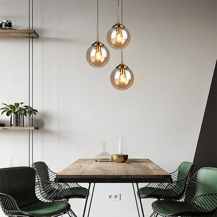Orbit Glass Globe Pendant Light | Modern Polished Steel Hanging Lamp