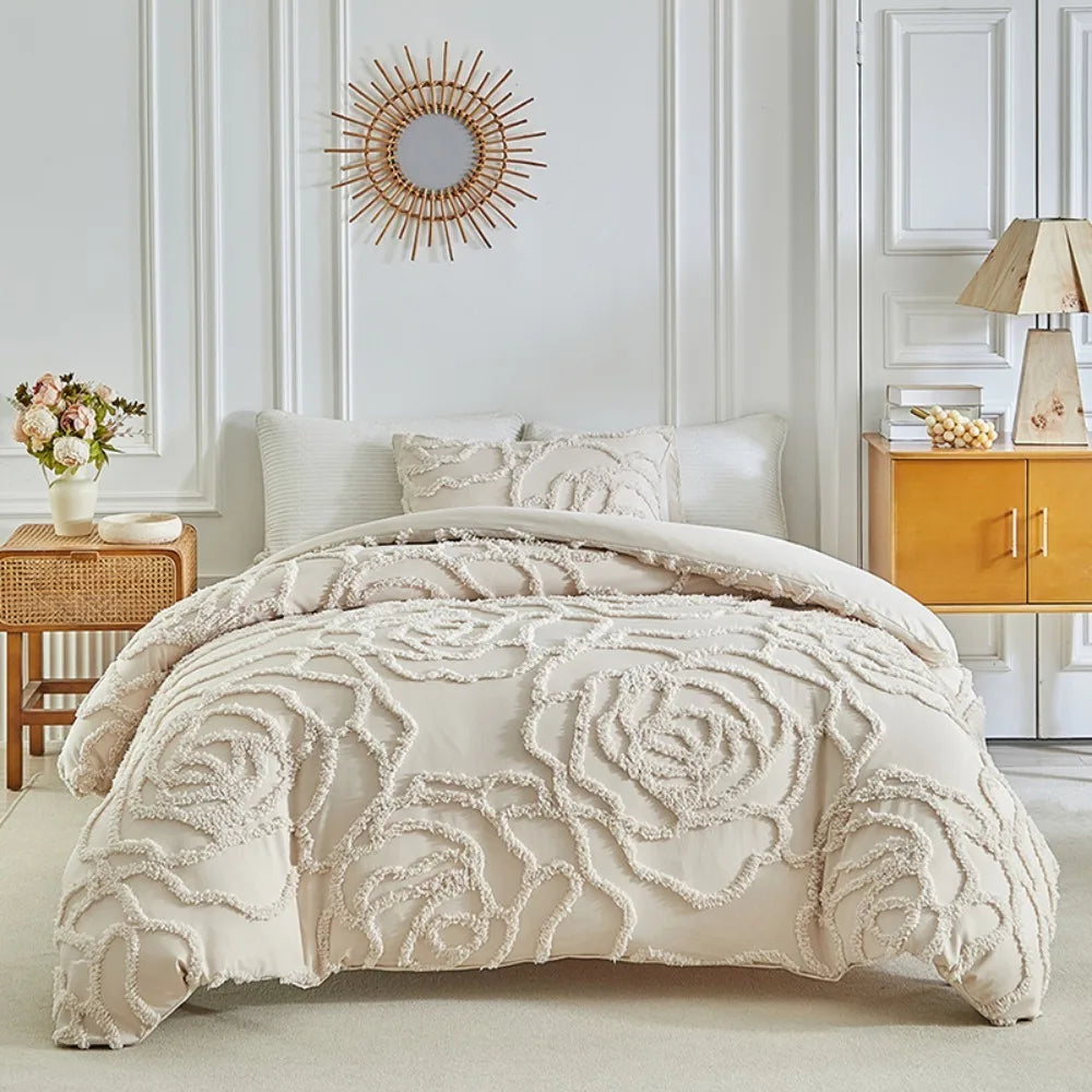 Rosette Tufted Duvet Cover Set – 3D Floral Jacquard Bedding Collection