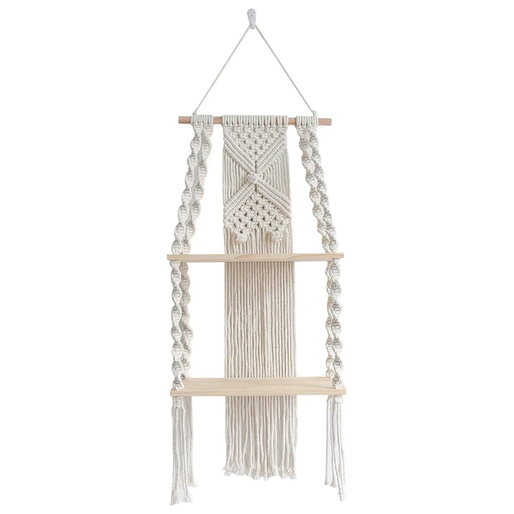 Sage & Twine Hanging Shelf – Boho Macrame Wall Shelf with Wood Tiers