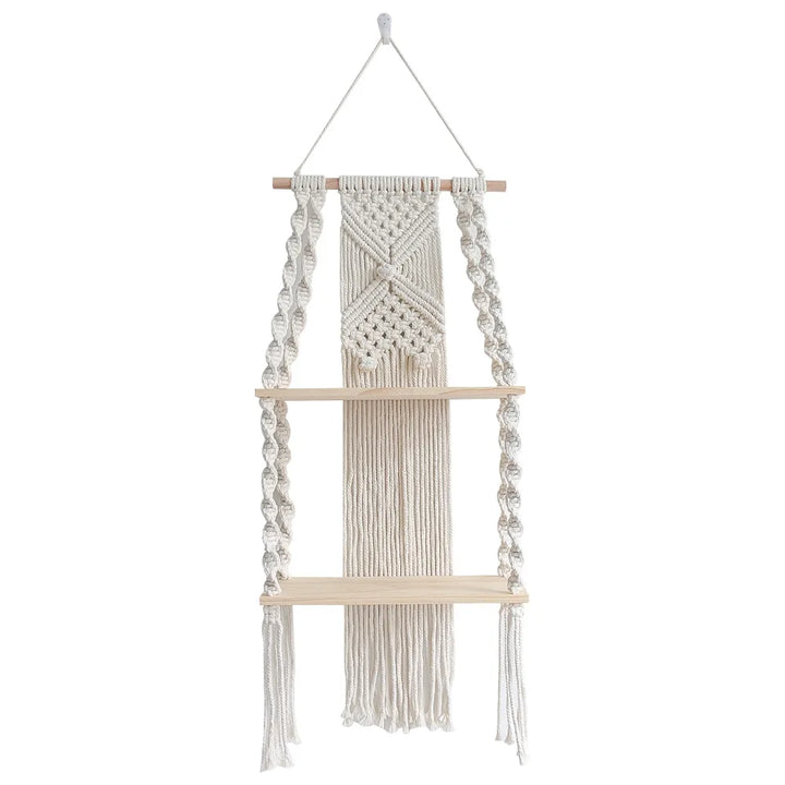 Sage & Twine Hanging Shelf – Boho Macrame Wall Shelf with Wood Tiers