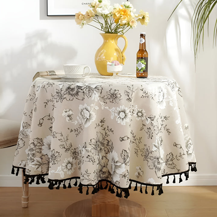Vintage Print Tablecloth with Tassel Trim - Cotton Linen Table Cover
