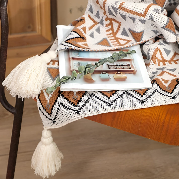 Soft Knit Throw Blanket - Boho-Style Cover With Ivory Tassels