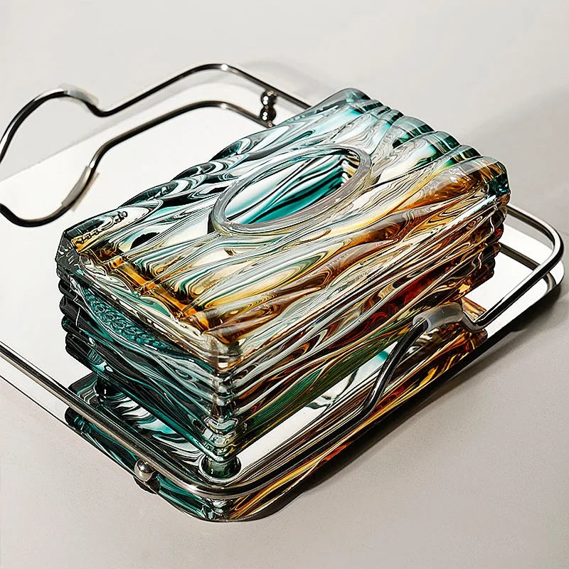 Aurora Glass Tissue Box – Sculpted Rectangular Cover with Layered Glass Finish