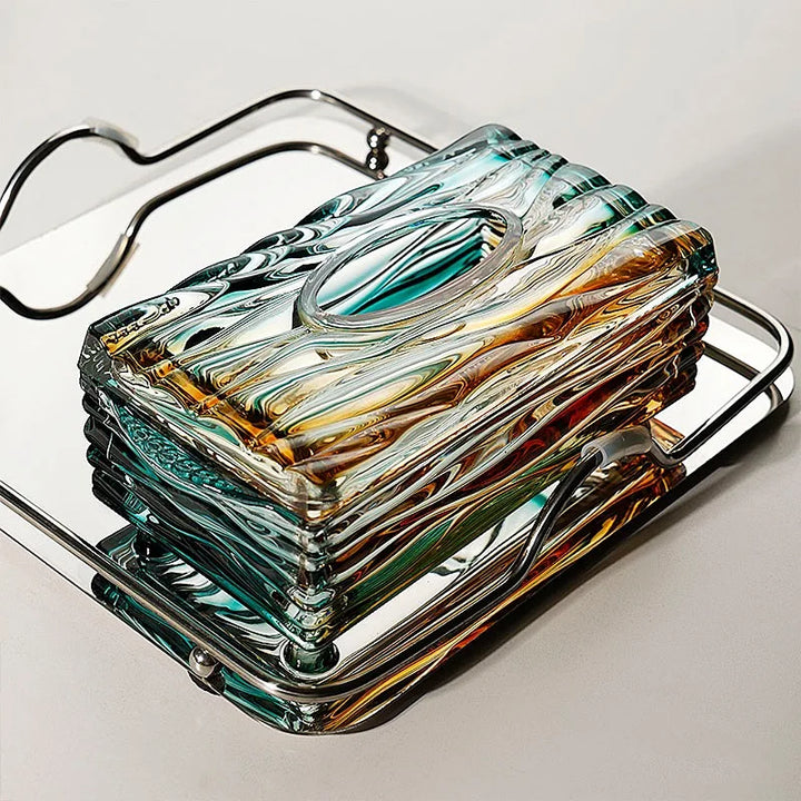 Aurora Glass Tissue Box – Sculpted Rectangular Cover with Layered Glass Finish