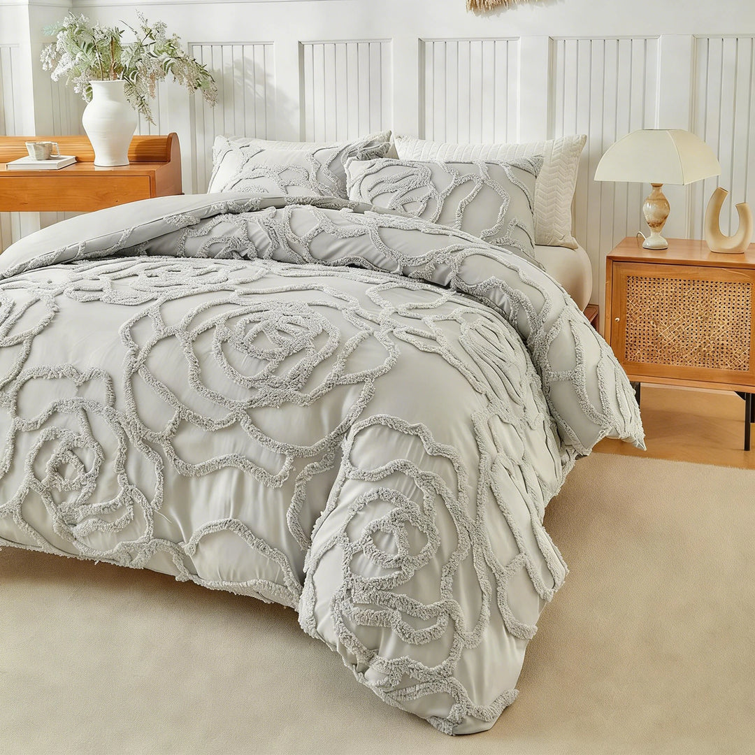 Rosette Tufted Duvet Cover Set – 3D Floral Jacquard Bedding Collection