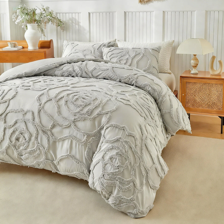 Rosette Tufted Duvet Cover Set – 3D Floral Jacquard Bedding Collection
