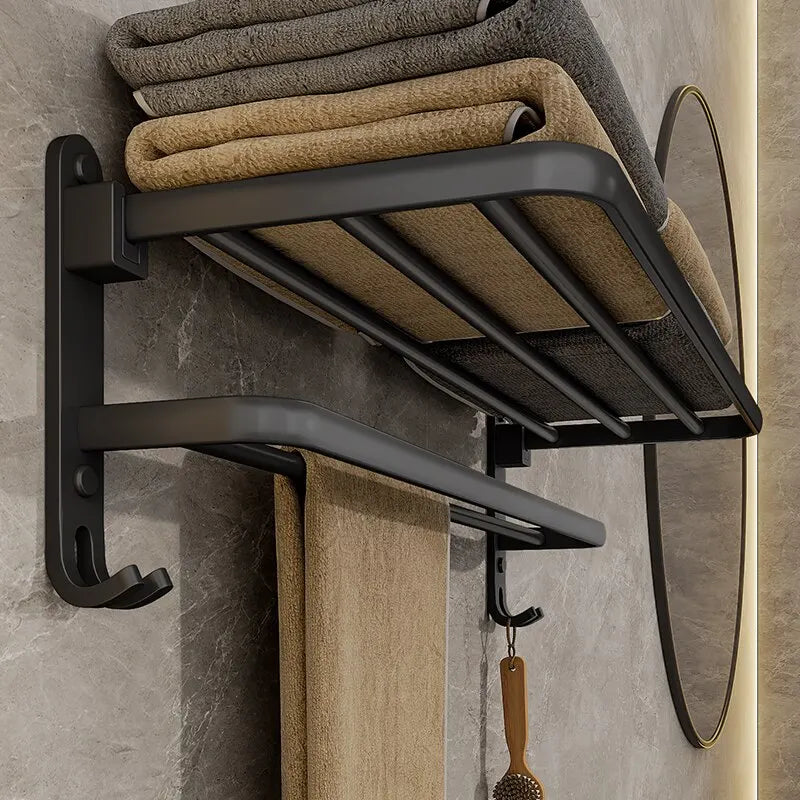 Linea Matte Black Aluminum Towel Rack with Shelf & Hooks