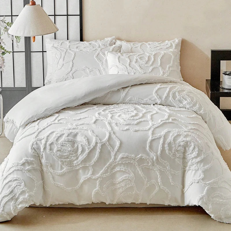 Rosette Tufted Duvet Cover Set – 3D Floral Jacquard Bedding Collection