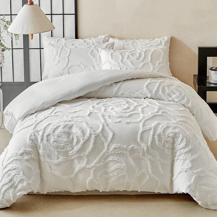 Rosette Tufted Duvet Cover Set – 3D Floral Jacquard Bedding Collection