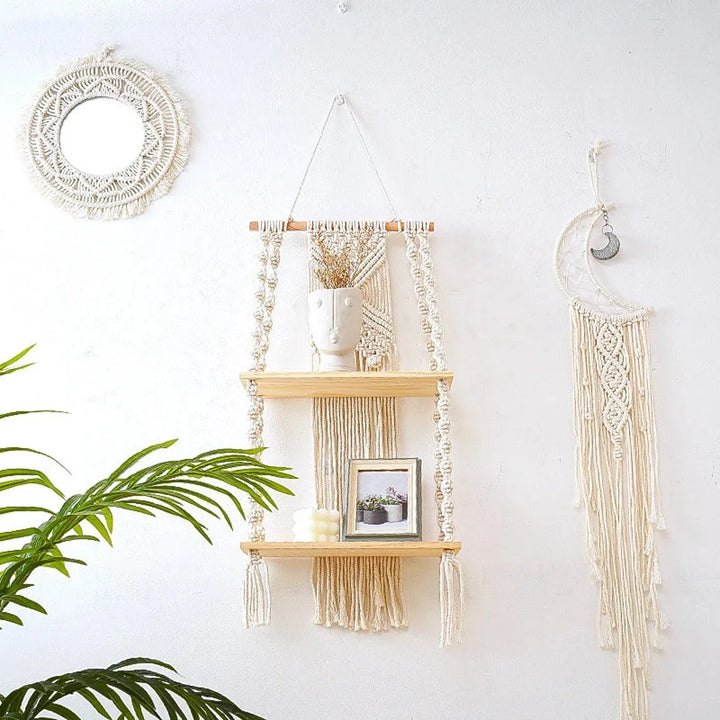 Sage & Twine Hanging Shelf – Boho Macrame Wall Shelf with Wood Tiers