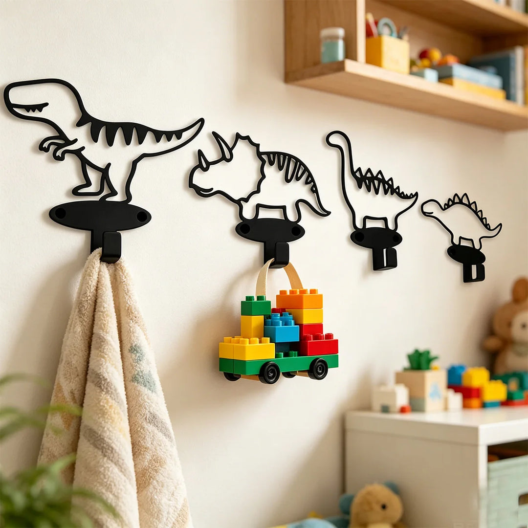 Rawrix | Cartoon Dinosaur Metal Wall Hooks Set of 4 Kids Room Decor