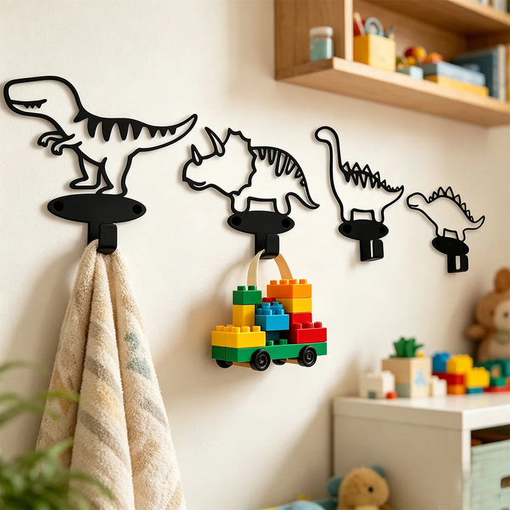 Rawrix | Cartoon Dinosaur Metal Wall Hooks Set of 4 Kids Room Decor