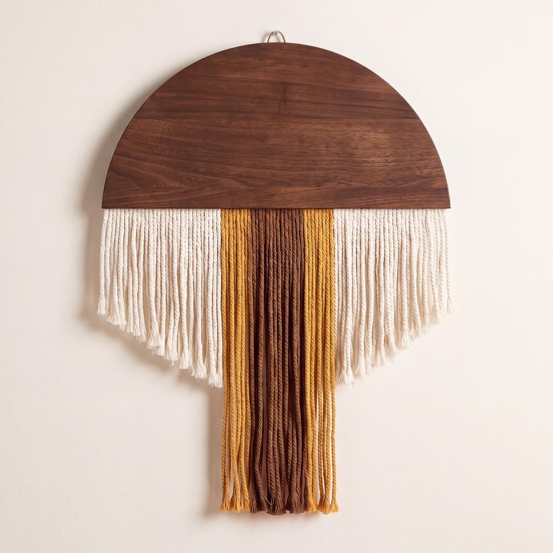 Selo Round Wood & Fringe Wall Tapestry | Boho Circle & Arc Macrame Wall Art for Living Room