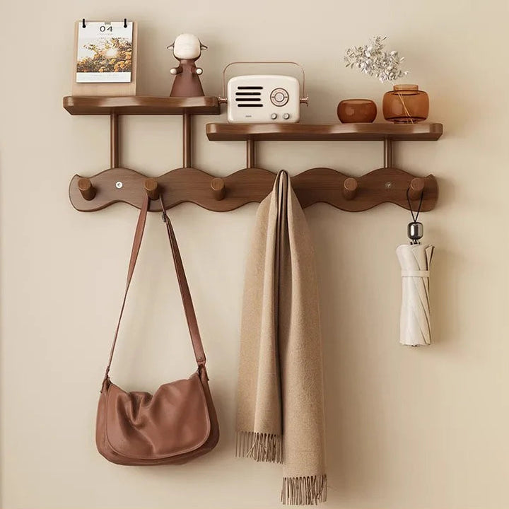 Ripple Bamboo Entryway Wall Rack – Coat, Bag & Key Hooks with Shelf