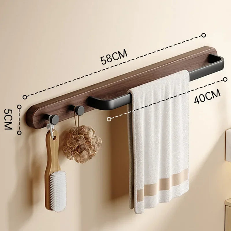Leno Wooden Towel Rail with Hooks – Modern Utility Bathroom Bar