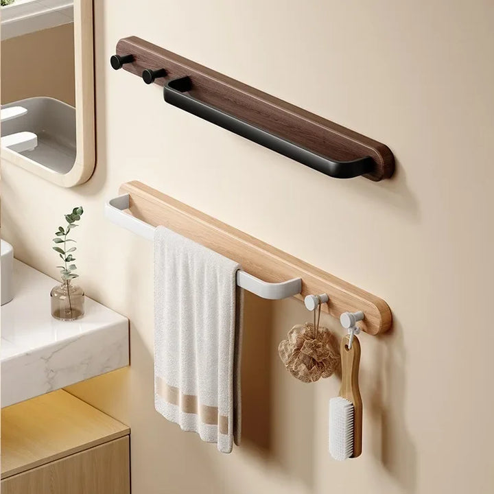 Leno Wooden Towel Rail with Hooks – Modern Utility Bathroom Bar