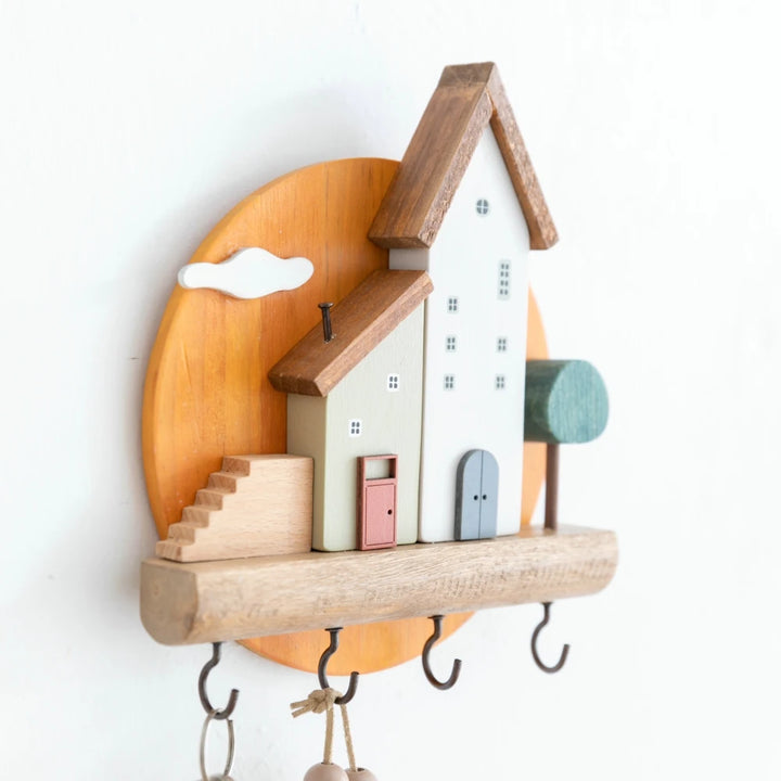 Home Village Wooden Key Holder – Decorative Wall Organizer with Shelves & Hooks