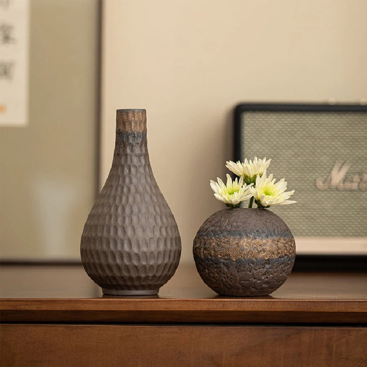 Terra Ridge Textured Ceramic Vase – Sculptural Stoneware Accent Vases in Earth Tones