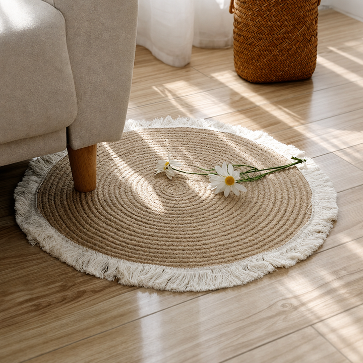 Sierra Braided Cotton Round Floor Mat with Tassel Trim – Washable, Multi-Size