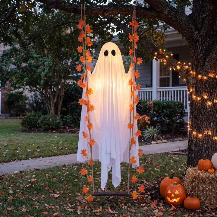 Grim | Light-Up Swinging Ghost Halloween Decoration with Remote-Control LED Effects