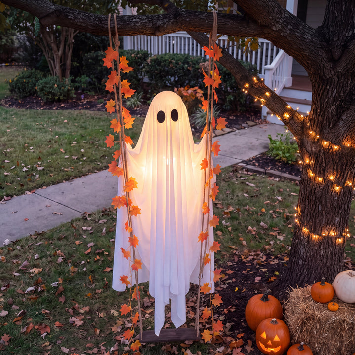 Grim | Light-Up Swinging Ghost Halloween Decoration with Remote-Control LED Effects