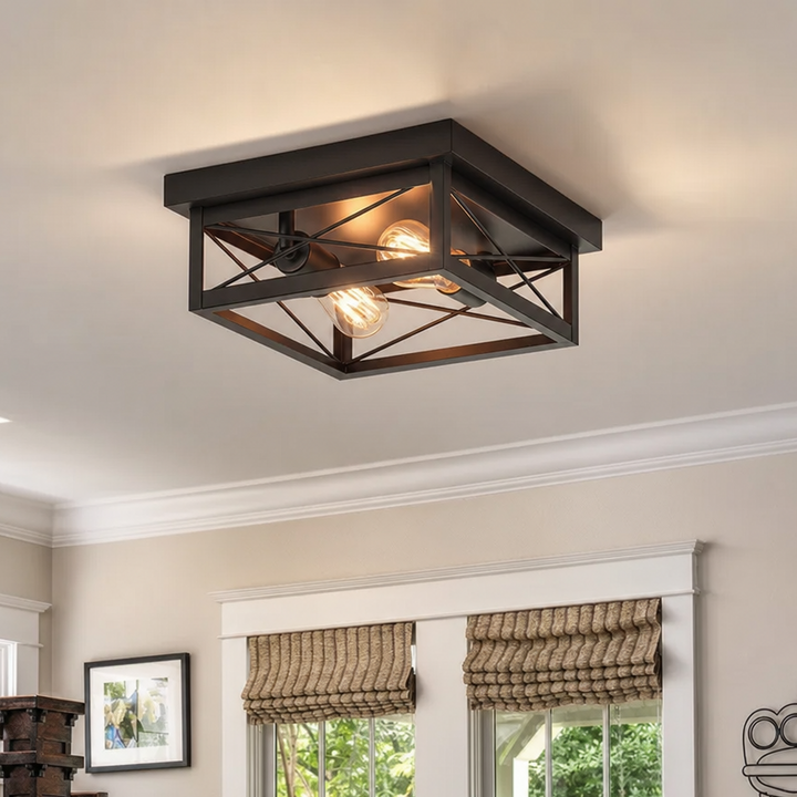 Stowe | Flush Mount Ceiling Light with Cage Frame and Dual Bulbs – Iron