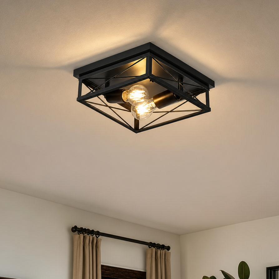 Stowe | Flush Mount Ceiling Light with Cage Frame and Dual Bulbs – Iron