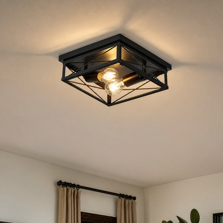 Stowe | Flush Mount Ceiling Light with Cage Frame and Dual Bulbs – Iron