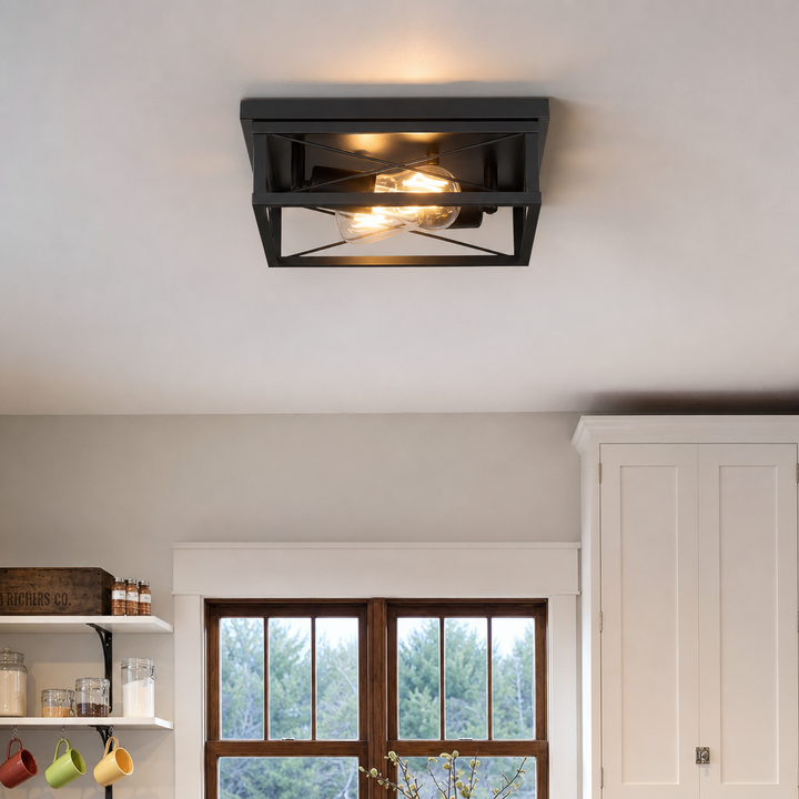 Stowe | Flush Mount Ceiling Light with Cage Frame and Dual Bulbs – Iron