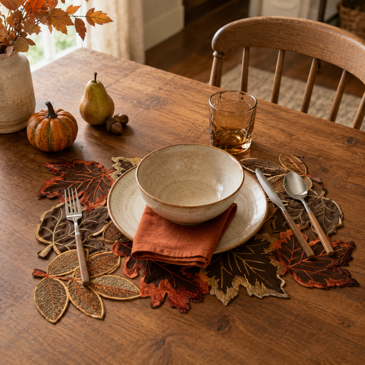 Tawny | Embroidered Fall Leaf Table Runner with Warm Harvest Foliage Design