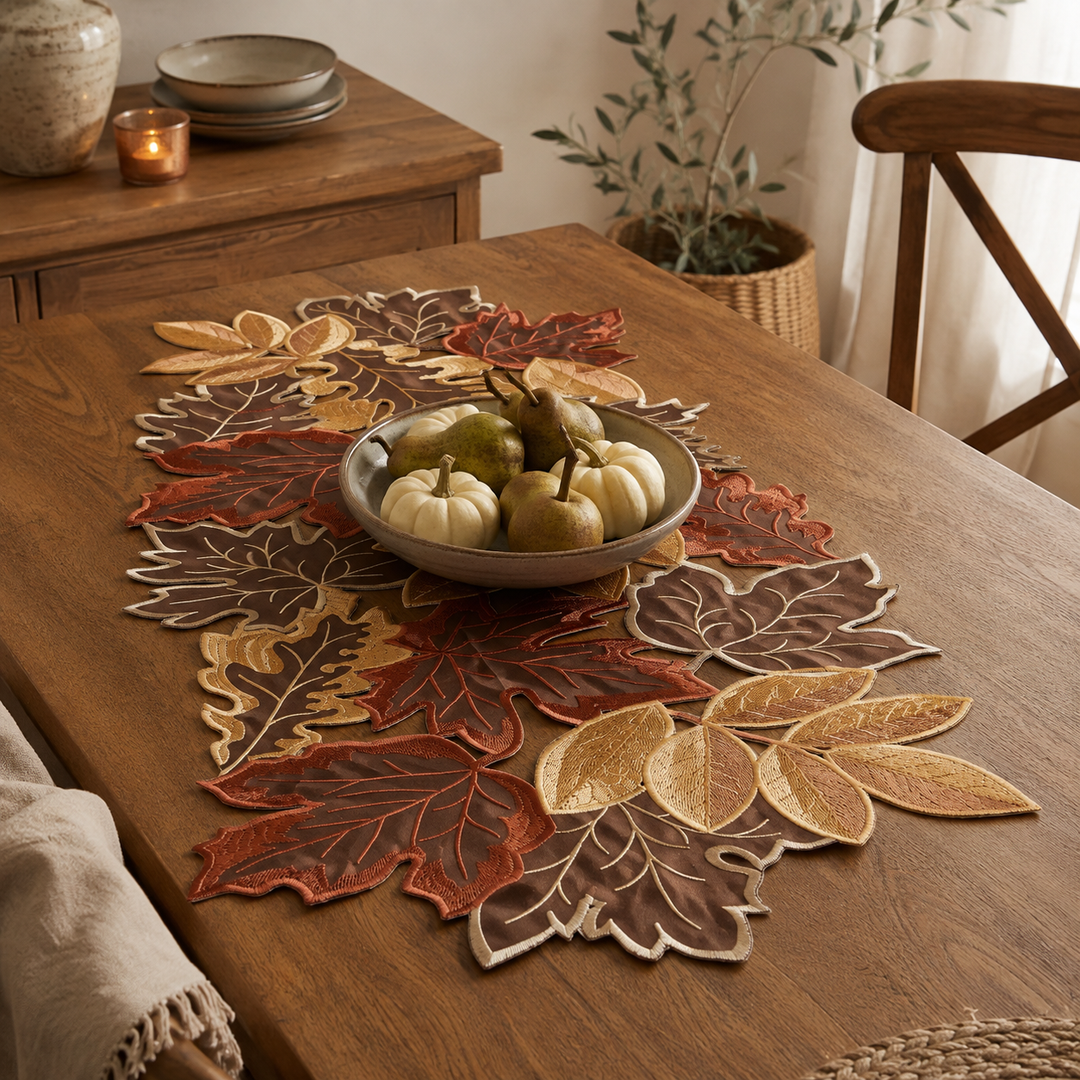 Tawny | Embroidered Fall Leaf Table Runner with Warm Harvest Foliage Design