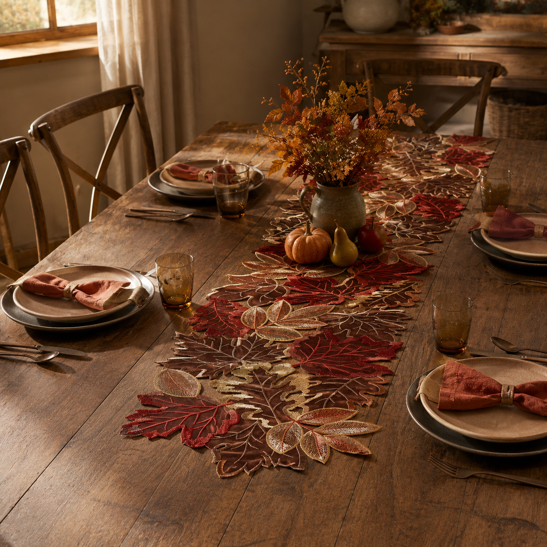 Tawny | Embroidered Fall Leaf Table Runner with Warm Harvest Foliage Design