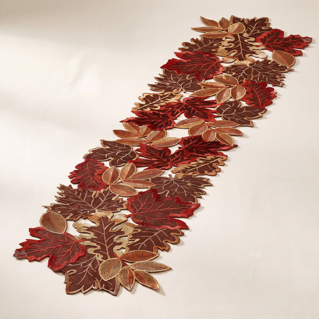 Tawny | Embroidered Fall Leaf Table Runner with Warm Harvest Foliage Design