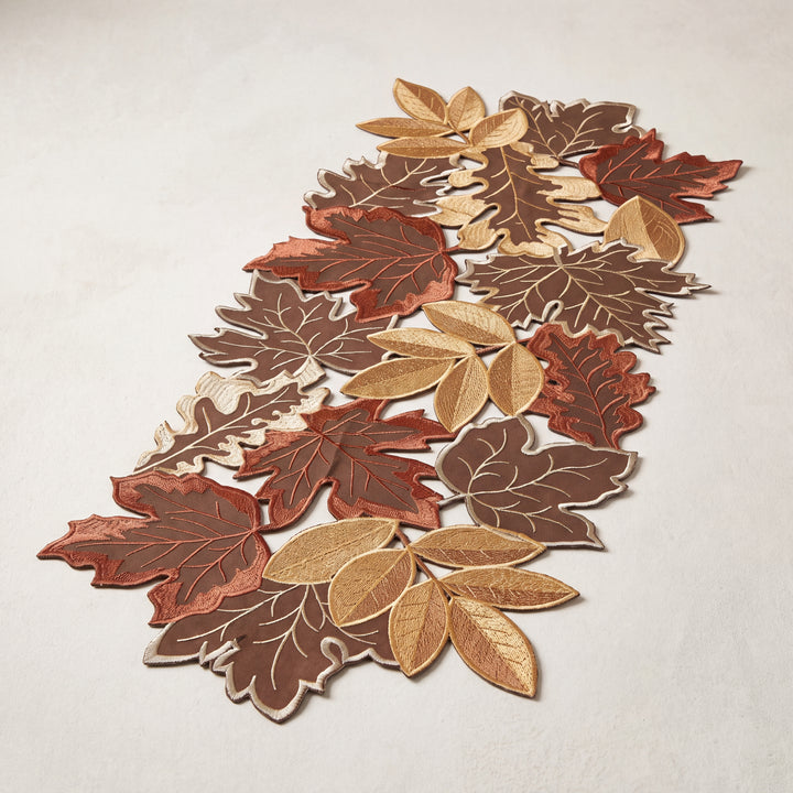 Tawny | Embroidered Fall Leaf Table Runner with Warm Harvest Foliage Design