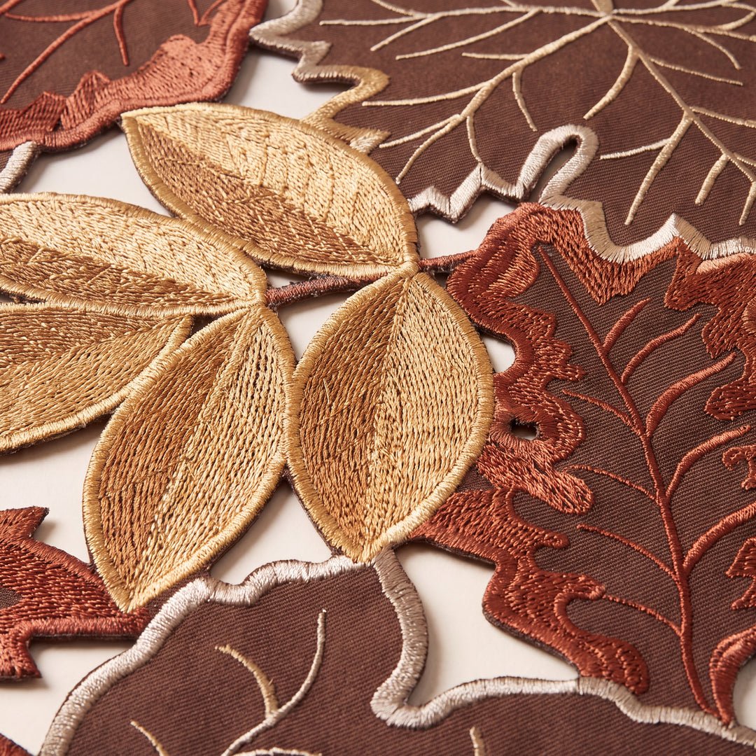 Tawny | Embroidered Fall Leaf Table Runner with Warm Harvest Foliage Design