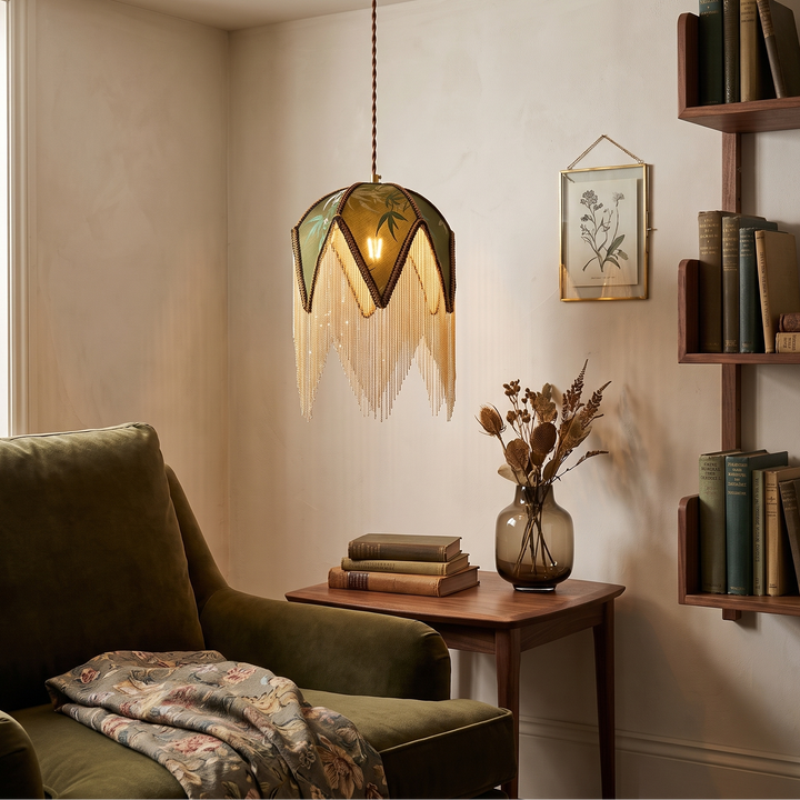 Wisteria | Eclectic Fabric Pendant Lamp with Beaded Fringe and Vintage Floral Panels