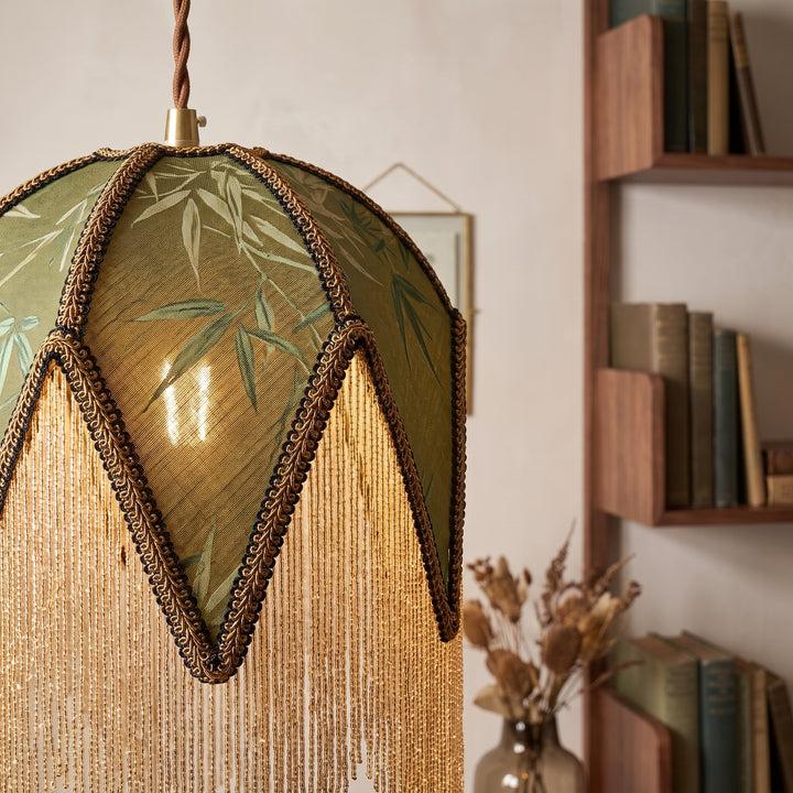 Wisteria | Eclectic Fabric Pendant Lamp with Beaded Fringe and Vintage Floral Panels