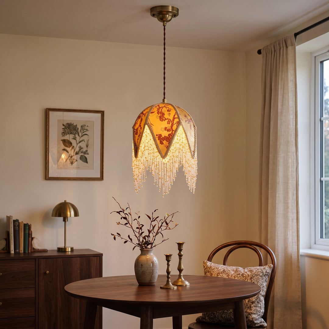 Wisteria | Eclectic Fabric Pendant Lamp with Beaded Fringe and Vintage Floral Panels