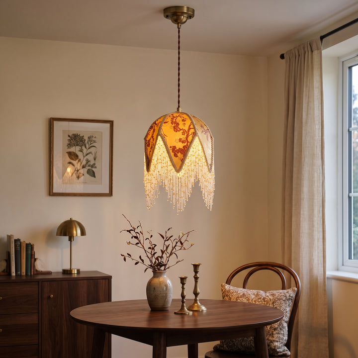 Wisteria | Eclectic Fabric Pendant Lamp with Beaded Fringe and Vintage Floral Panels