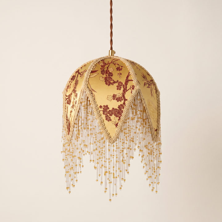 Wisteria | Eclectic Fabric Pendant Lamp with Beaded Fringe and Vintage Floral Panels