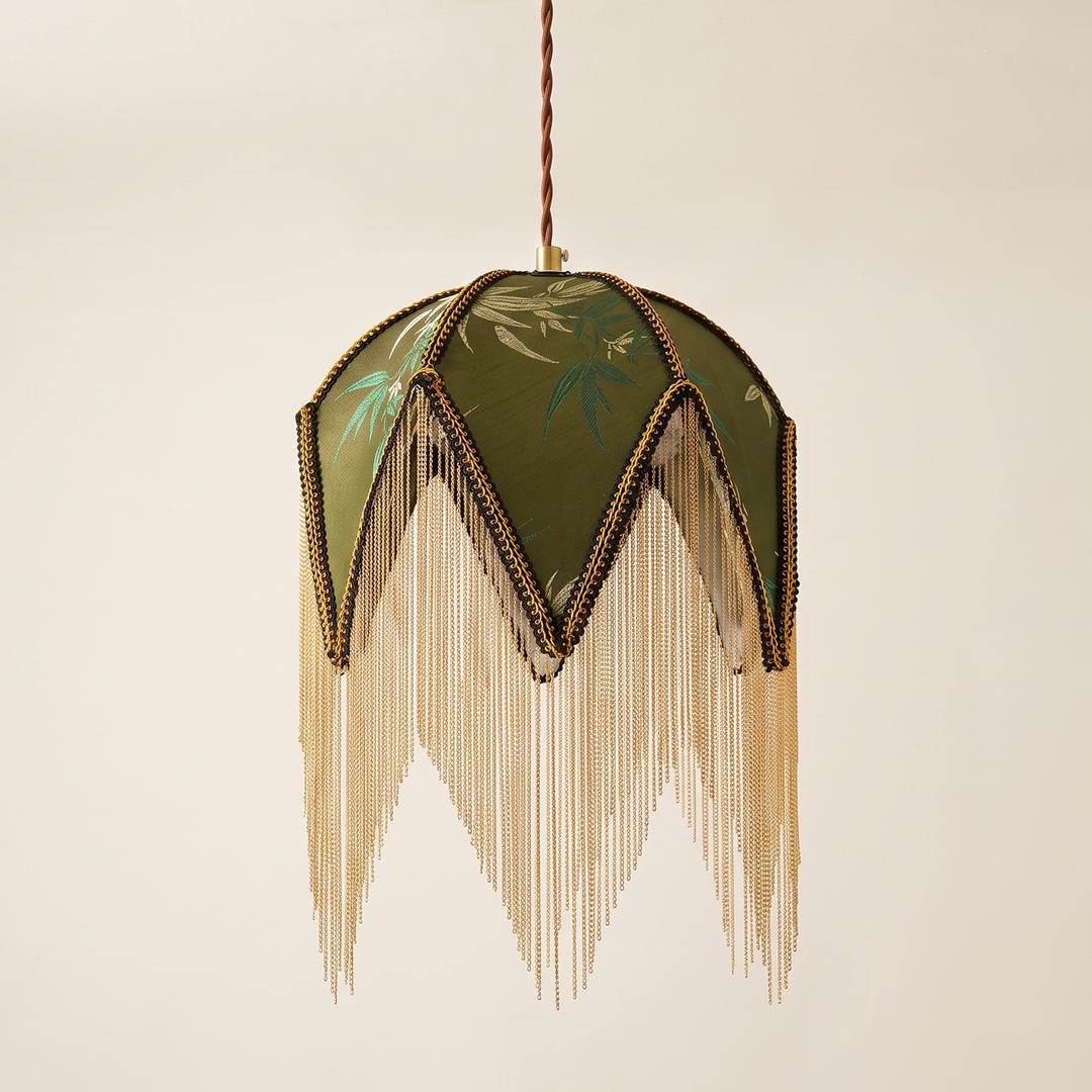 Wisteria | Eclectic Fabric Pendant Lamp with Beaded Fringe and Vintage Floral Panels