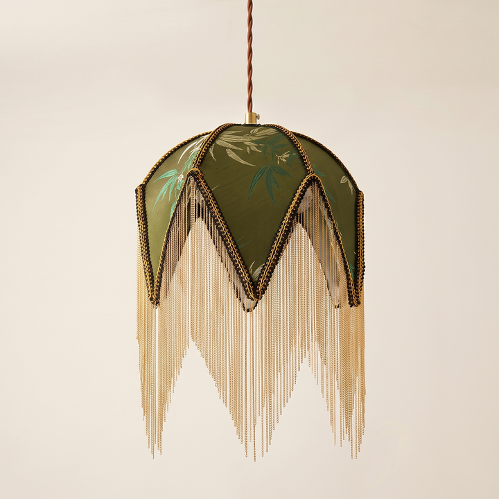 Wisteria | Eclectic Fabric Pendant Lamp with Beaded Fringe and Vintage Floral Panels