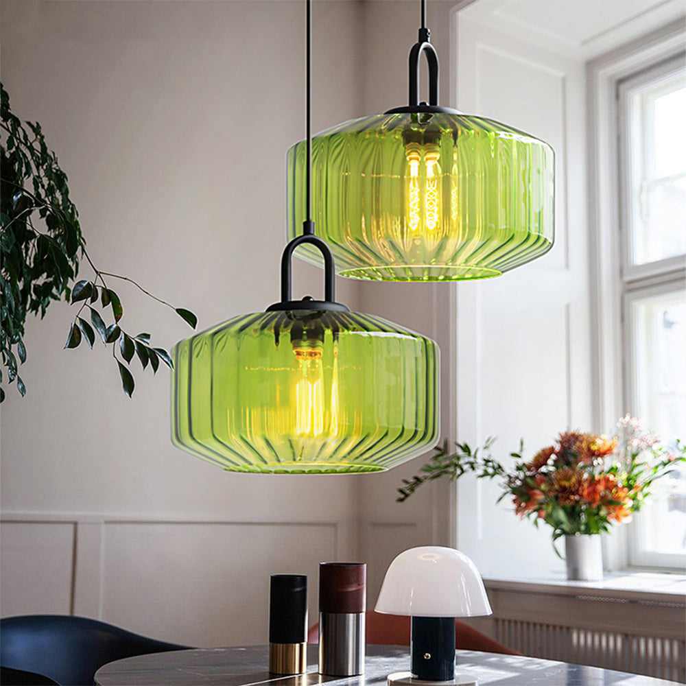VerdantGlow | Elegant Striped Green Glass Pendant Lighting for Kitchen Island 1