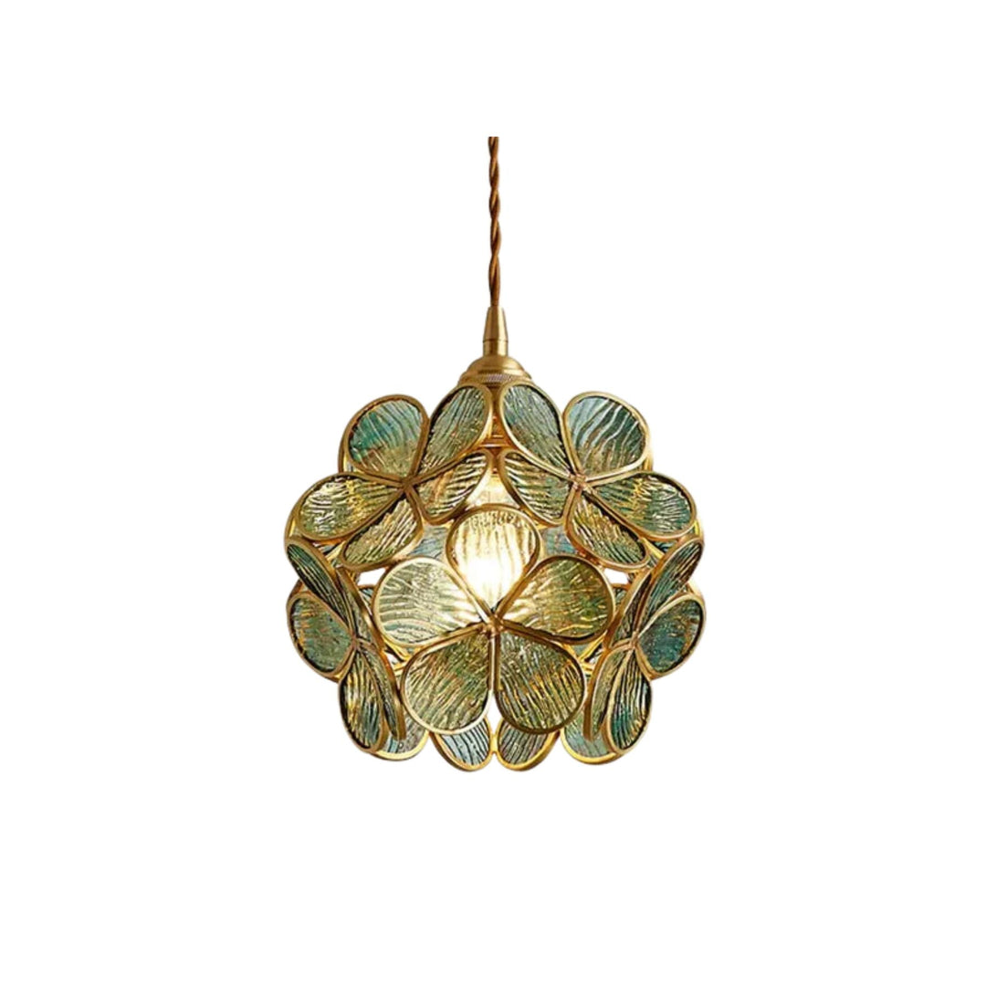Virelo | Glass Pendant Light – Flower Shade, Vintage Brass Frame 0